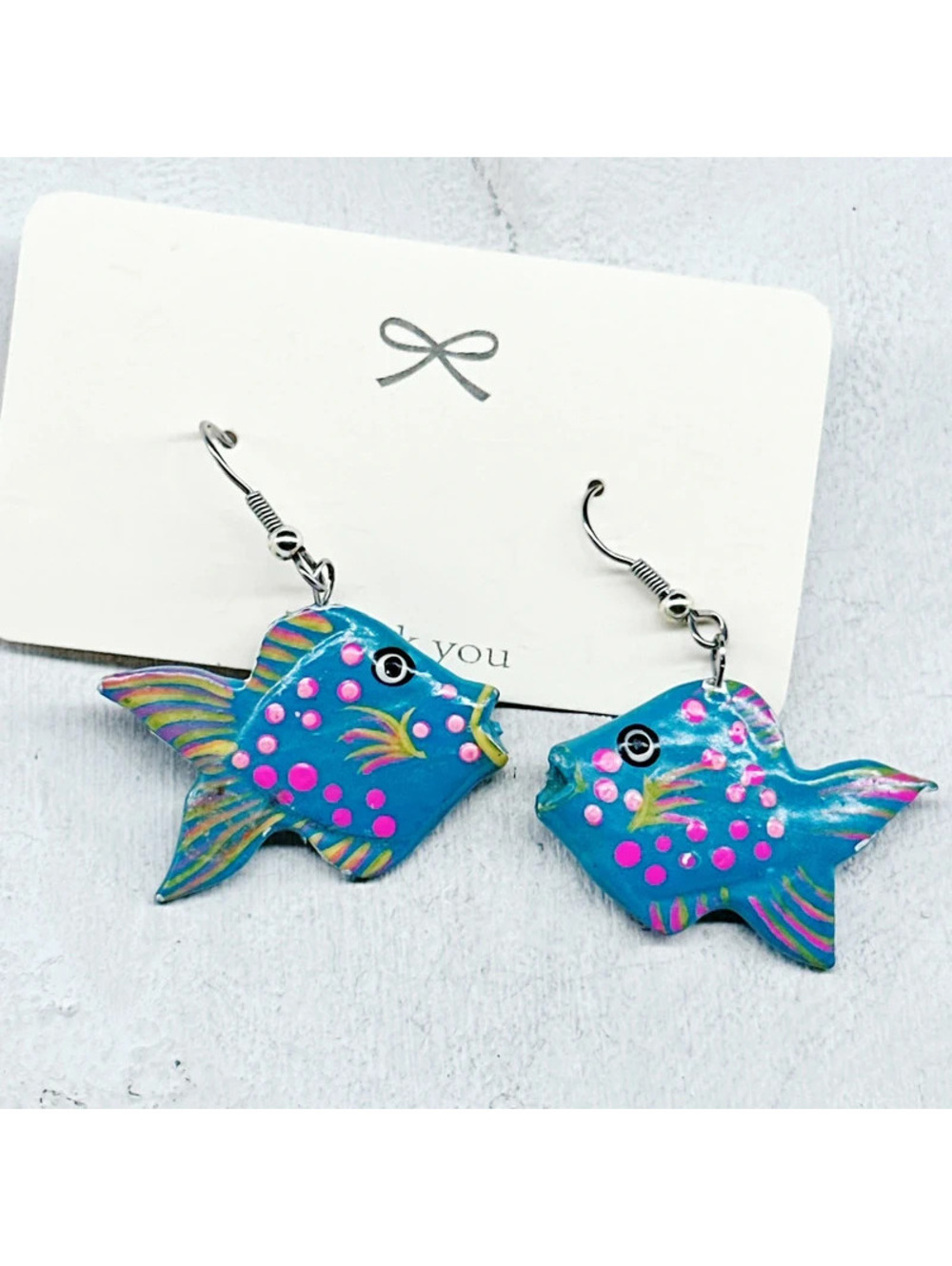 3144mc. Blue Wood Fish Earrings